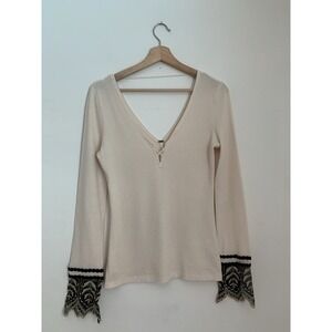 Free People Last Dance Lace Cuff Long Sleeve V Neck Thermal Top Sz L Bohemian